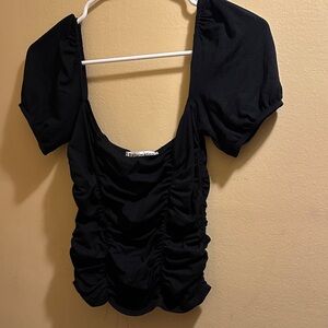 Reformation Black Puff-Sleeve Ruched Scoop Top